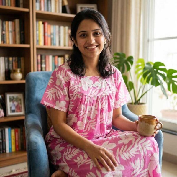 Traditional Cotton Nighty, 55 Inches Length - Rose