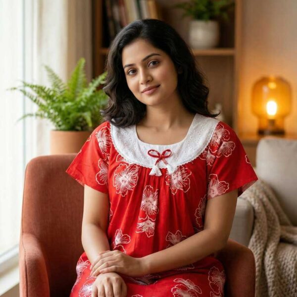 Traditional Cotton Nighty, 55 Inches Length, Hakoba Round Neck - Red