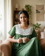 Front Open Cotton Nighty With Buttons, 55 Inches - Green + White