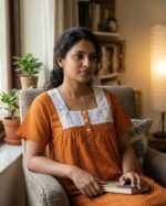 Front Open Cotton Nighty With Buttons, Hacoba Yoke, 55 Inches - Yellow