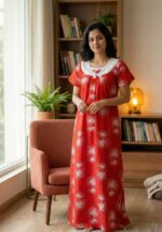 Traditional Cotton Nighty, 55 Inches Length, Hakoba Round Neck - Red - Image 2
