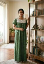 Front Open Cotton Nighty With Buttons, 55 Inches - Green + White - Image 2