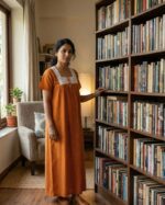 Front Open Cotton Nighty With Buttons, Hacoba Yoke, 55 Inches - Yellow - Image 2