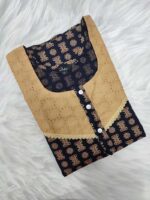 Comfortable Churidar Model Ajrakh Nighty, 55 Inches Long, 3/4th Sleeves, Hacoba Yoke - Dark Blue - Image 3