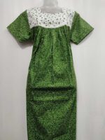 Front Open Cotton Nighty With Buttons, 55 Inches - Green + White - Image 4