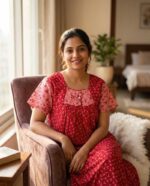 Traditional Cotton Nighty, 55 Inches Length - Red