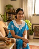 Traditional Cotton Nighty, 55 Inches Length, Hakoba Round Neck - Blue