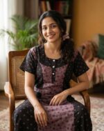 Comfortable Churidar Model Cotton Nighty, 55 Inches Long - Black + Light Purple