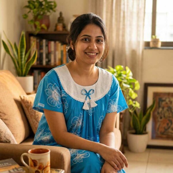 Traditional Cotton Nighty, 55 Inches Length, Hakoba Round Neck - Blue