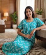 Front Open Cotton Nighty With Buttons, 55 Inches - Blue