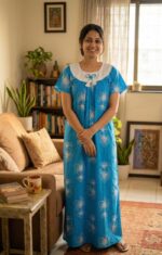 Traditional Cotton Nighty, 55 Inches Length, Hakoba Round Neck - Blue - Image 2