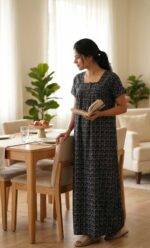 Front Open Cotton Nighty With Zip, 55 Inches - Black - Image 2