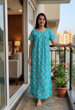 Front Open Cotton Nighty With Buttons, 55 Inches - Blue - Image 2