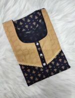 Comfortable Churidar Model Ajrakh Nighty, 55 Inches Long, 3/4th Sleeves, Hacoba Yoke - Dark Blue - Image 3