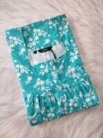 Front Open Cotton Nighty With Buttons, 55 Inches - Blue - Image 3