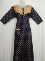 Comfortable Churidar Model Ajrakh Nighty, 55 Inches Long, 3/4th Sleeves, Hacoba Yoke - Dark Blue - Image 4