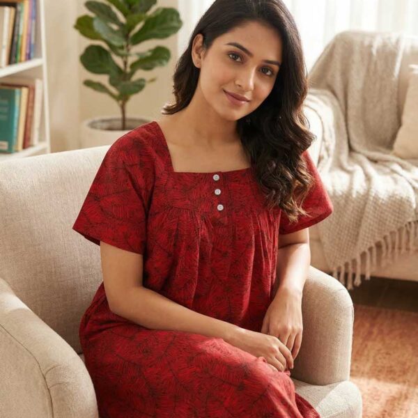 Front Open Cotton Nighty With Buttons, 57 Inches Long - Red+ Black