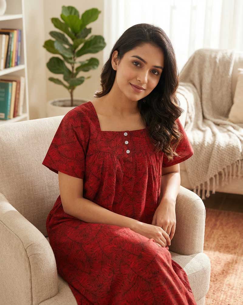 D1 Front Open Cotton Nighty With Buttons, 57 Inches Long - Red+ Black - Image 1