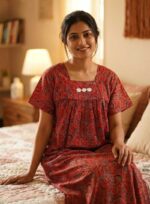 Traditional Ajrakh Nighty, 55 Inches Length - Red