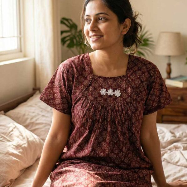 Traditional Ajrakh Nighty, 55 Inches Length - Maroon