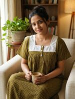 Front Open Cotton Nighty With Buttons, Hacoba Yoke, 55 Inches