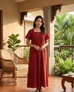 Front Open Cotton Nighty With Buttons, 57 Inches Long - Red+ Black - Image 2