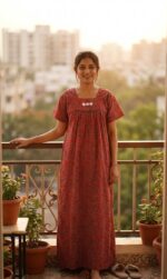 Traditional Ajrakh Nighty, 55 Inches Length - Red - Image 2