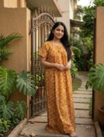 Traditional Cotton Frock Nighty, 55 Inches Length - Yellow - Image 2