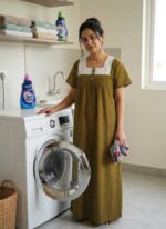 Front Open Cotton Nighty With Buttons, Hacoba Yoke, 55 Inches - Image 2