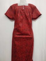 Front Open Cotton Nighty With Buttons, 57 Inches Long - Red+ Black - Image 4