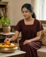 Front Open Cotton Nighty With Buttons, 55 Inches Long - Black + Red