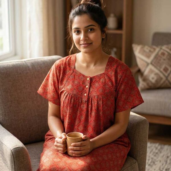 Traditional Cotton Nighty, 55 Inches Length - Red