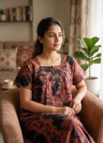 Front Open Cotton Nighty With Buttons, 55 Inches