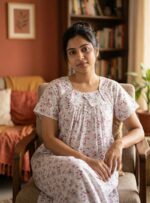 Traditional Cotton Frock Nighty, 55 Inches Length - White