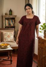 Front Open Cotton Nighty With Buttons, 55 Inches Long - Black + Red - Image 2