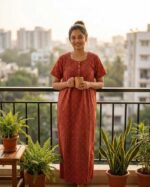 Traditional Cotton Nighty, 55 Inches Length - Red - Image 2