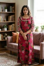 Comfortable Churidar Model Cotton Nighty, 55 Inches Long, 3/4th Sleeves - Magenta - Image 2