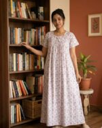 Traditional Cotton Frock Nighty, 55 Inches Length - White - Image 2