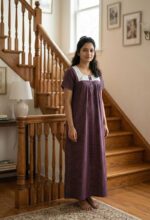 Front Open Cotton Nighty With Buttons, Hacoba Yoke, 55 Inches - Brown - Image 2