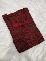Front Open Cotton Nighty With Buttons, 55 Inches Long - Black + Red - Image 3