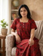 Front Open Cotton Nighty With Buttons, 55 Inches Long - Red + Black