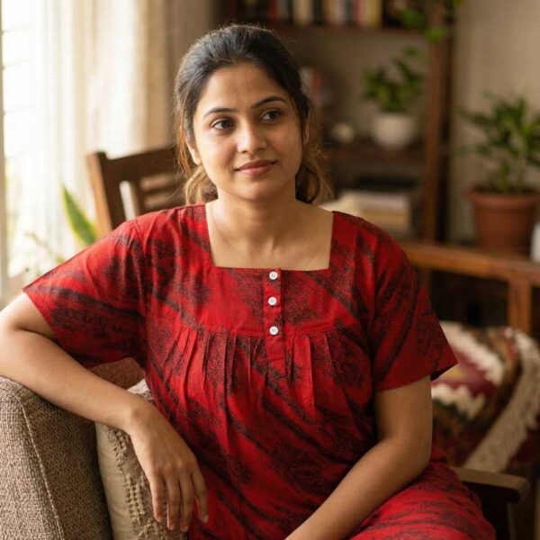 Front Open Cotton Nighty With Buttons, 55 Inches Long - Red+ Black