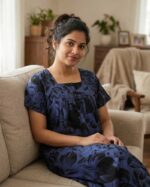 Front Open Cotton Nighty With Buttons, 55 Inches - Dark Blue