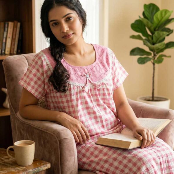 Traditional Cotton Nighty, 55 Inches Length, Round Neck - Rose