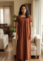 Front Open Cotton Nighty With Buttons, 55 Inches Long - Orange + Black - Image 2