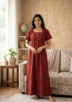 Front Open Cotton Nighty With Buttons, 55 Inches Long - Red + Black - Image 2