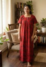 Front Open Cotton Nighty With Buttons, 55 Inches Long - Red+ Black - Image 2