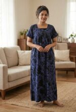 Front Open Cotton Nighty With Buttons, 55 Inches - Dark Blue - Image 2
