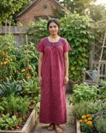 Traditional Cotton Nighty, 55 Inches Length, Round Neck - Rose - Image 2