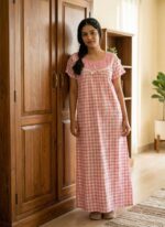 Traditional Cotton Nighty, 55 Inches Length, Round Neck - Rose - Image 2